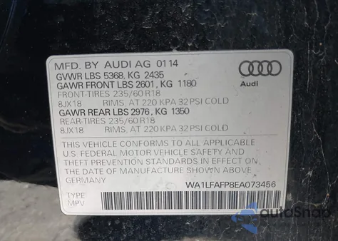 2014 Audi Q5 2.0T Premium z USA, uszkodzony, nr VIN WA1LFAFP8EA073456